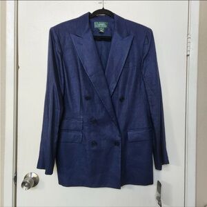 NWT Lauren Ralph Lauren Navy blue linen blazer double breasted jacket